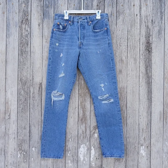Levis 501 S Skinny High Rise Button Fly Distressed Blue Denim Jeans Women Sz 25 - Picture 1 of 8